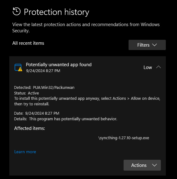 Windows Defender Blocking Syncthing Install